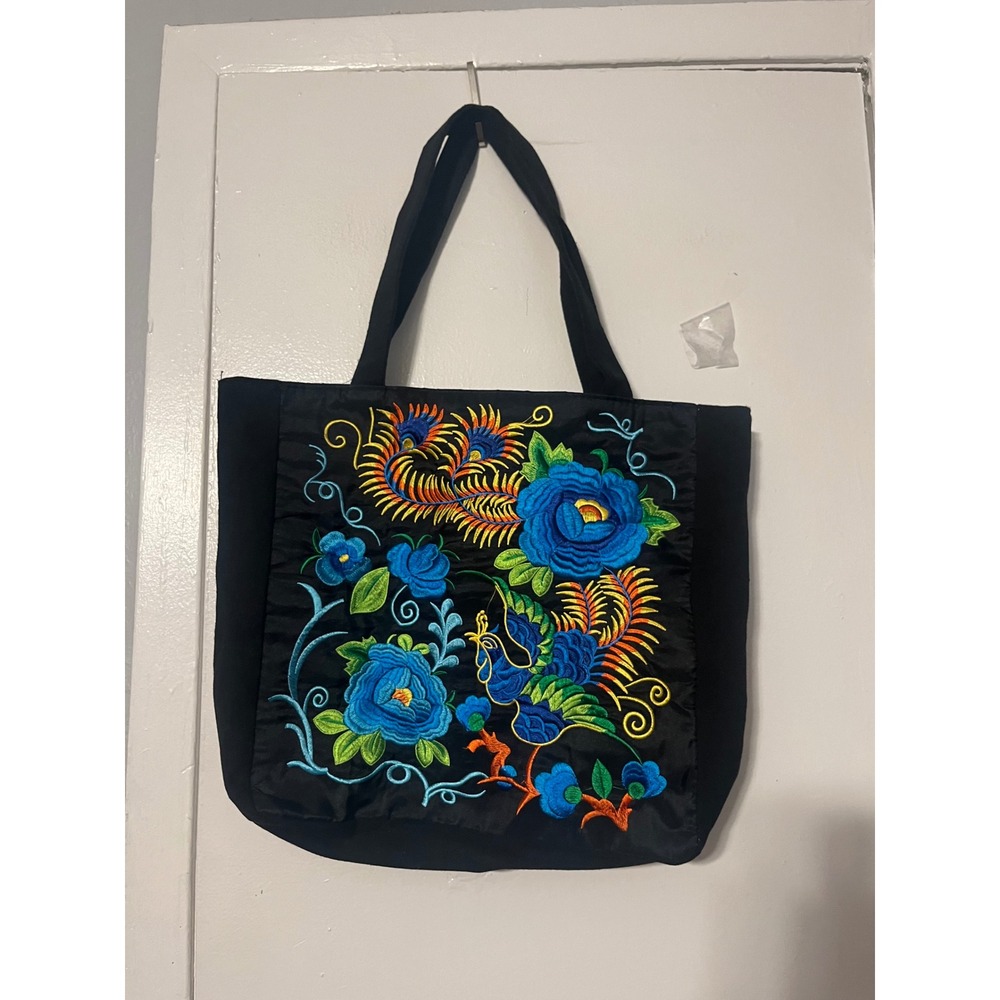 Handmade Black Canvas Tote Bag Embroidered Peacock Floral Zipper 16x14x4